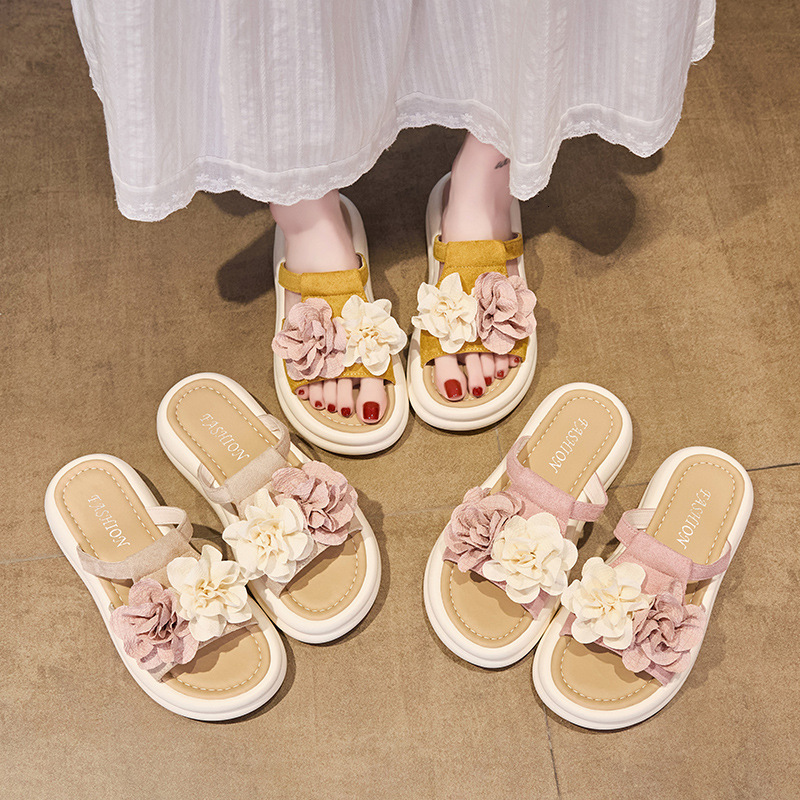 Ddmysports French Style New Women S Sandals Summer Thick Sole Sweet Flower Slippers Outdoor Fashion Versatile Wide Foot Roman Shoes Outdoor Shoes