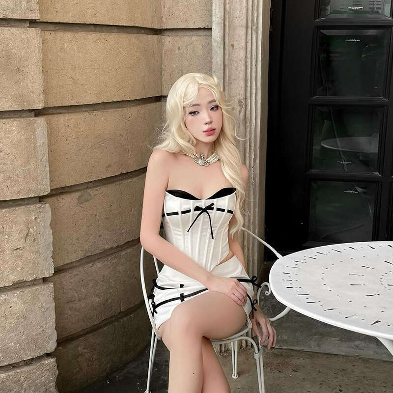 2024 Spring New Women's Solid Color Slim Fit Tube Top Vest Fashion High Waist Skirt Set 04b
