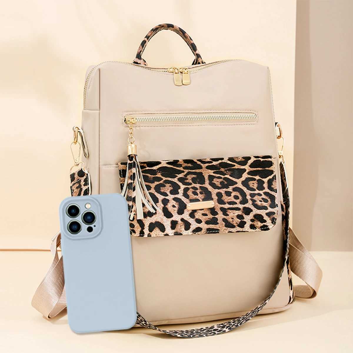 Leopard Print Backpack Fi Crossbody Bag Large Capacity Quilted Multiple Pockets Adjustable Strap Zipper for Back To School Y250724