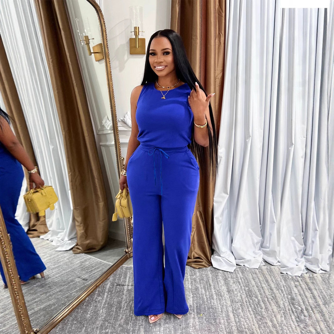 TW728 Summer New Versatile Fashion Slimming Casual Womens Sleeveless Tie Solid Color Commuter Jumpsuit