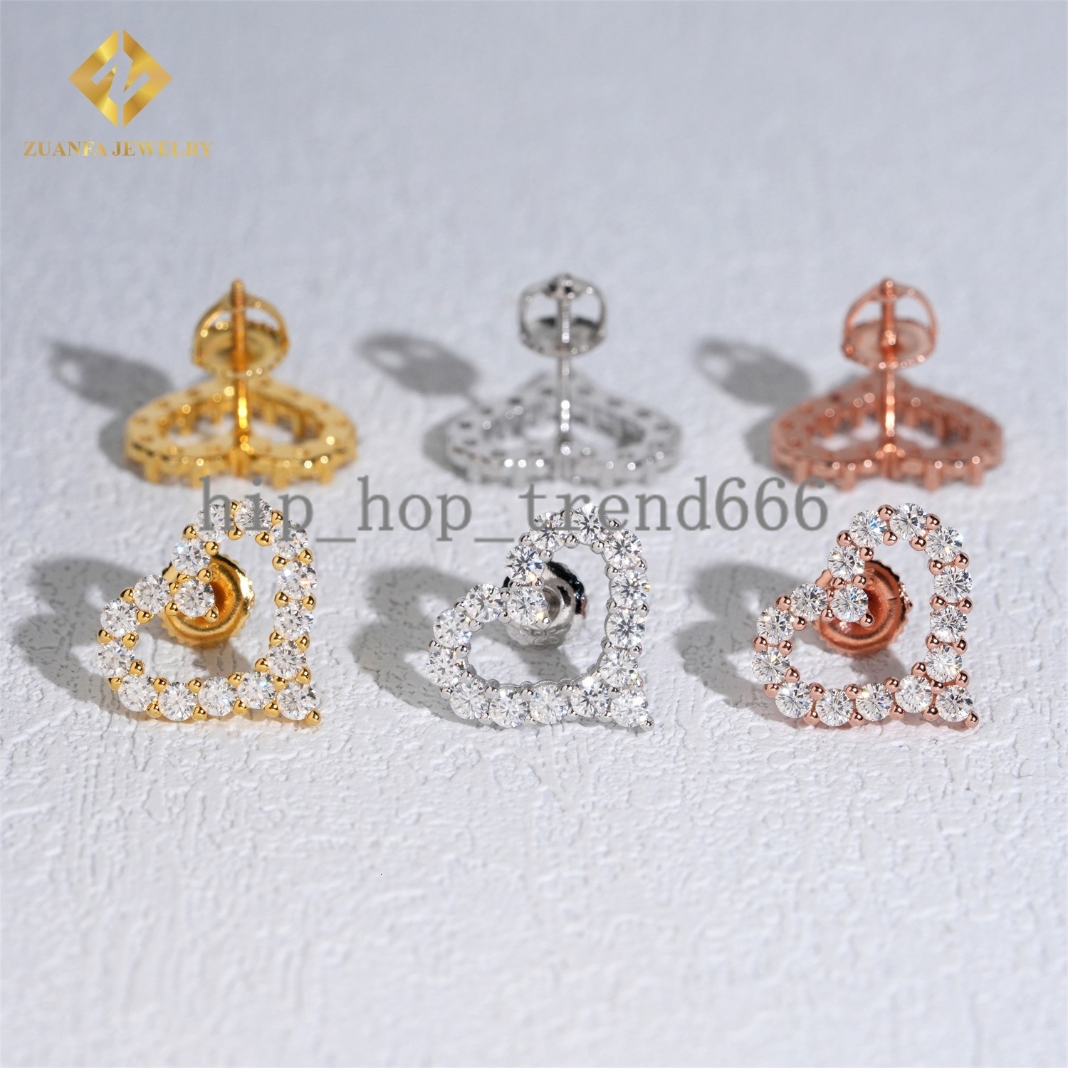 Luxury Unique Hollow Heart Women Moissanite Earrings Iced Out Fashion 18k Gold Plated 925 Silver Rose Gold Plated