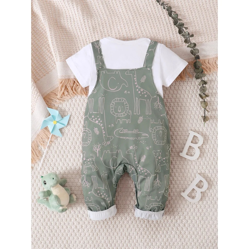 03 Years Baby Boy and Girl Cute Strap Pants Clothing Set Short Sleeve Top Multi Cartoon Pattern for Summer Wear 250725