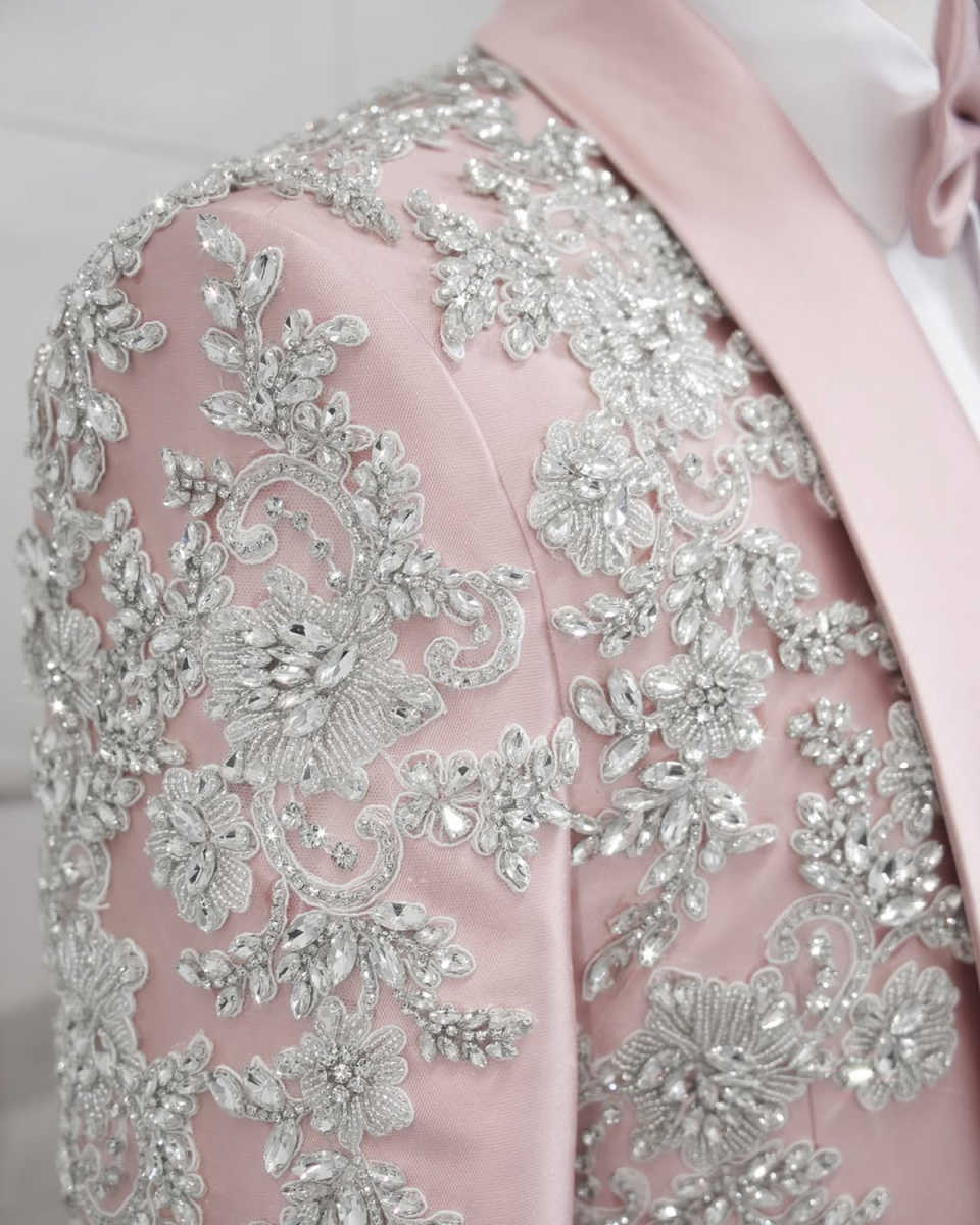 Noble Pink Men's Suits 2 Piece Set Jacket Pants Crystal Beaded Wedding Groom Tuxedo Party Evening Suits Customized