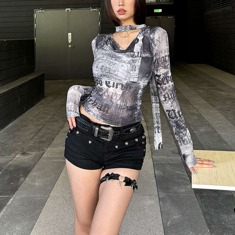 Women's Clothing 2024 Autumn Winter New Street Fashion Printed Long Sleeve V-Neck Slim Fit T-Shirt for Women 44d