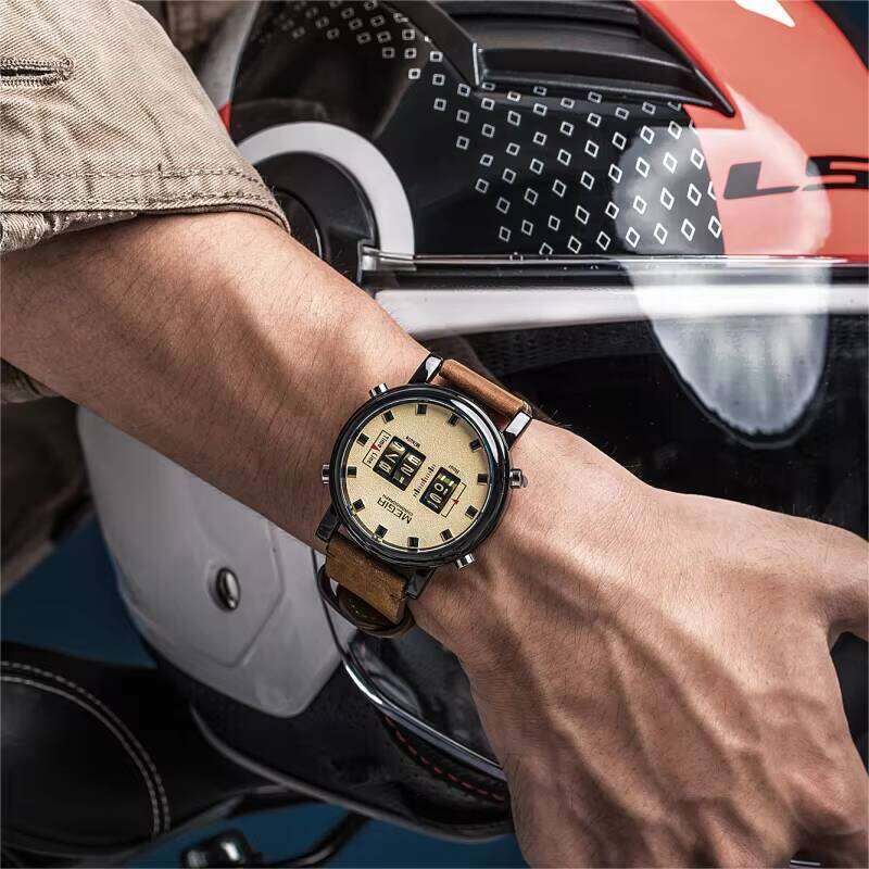 DHgargets MEGIR Men's Roller Watch - Unique Digital Display, 30M Waterproof, Leather Strap, Fashion Wristwatch