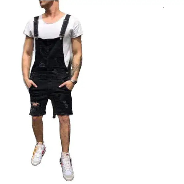 Men Overalls Playsuits Denim Jeans Shorts Rompers Washing Slim Fit Holes Pockets Distressed Spliced Streetwear 2024 250725