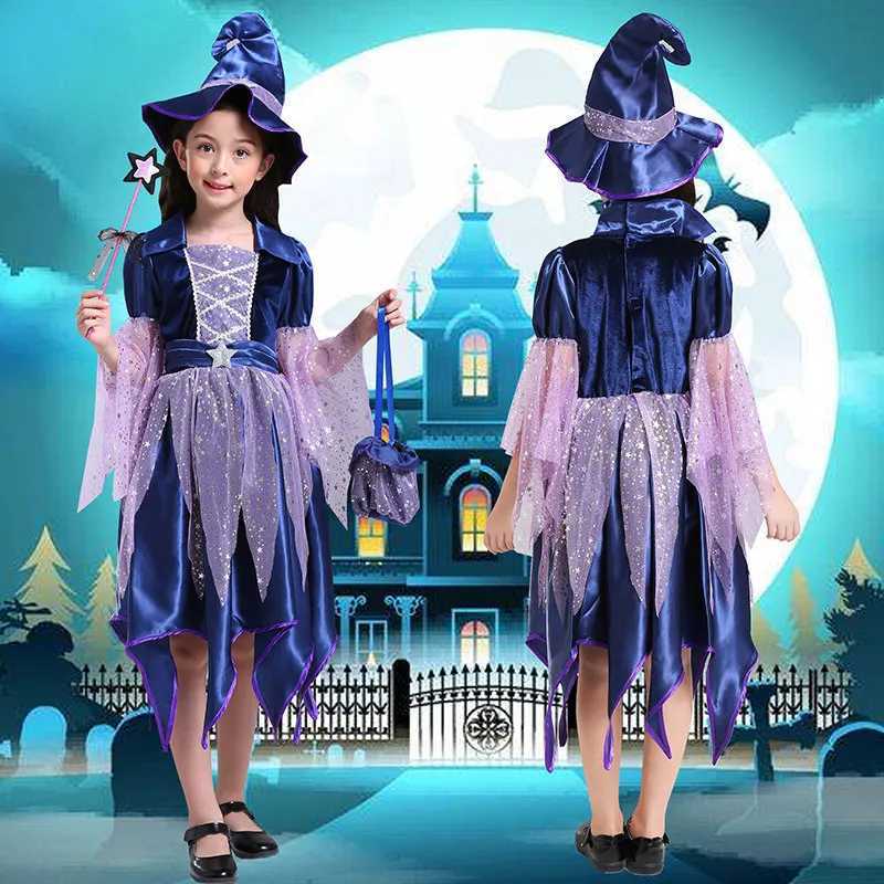 Kids Witch Clothing Set Dress+Hat+Wand+Bag Girls Halloween Wizard Costume 2025 Kid Make Up Par Hag Witch Apparel Vestidos Z250725
