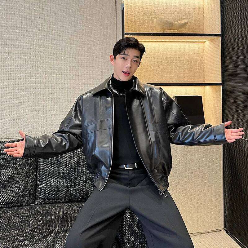 2025 Autumn Winter New High-End Handsome Locomotive Jackets Men's Short Windproof Long-Sleeve Faux Leather Cotton Jacket