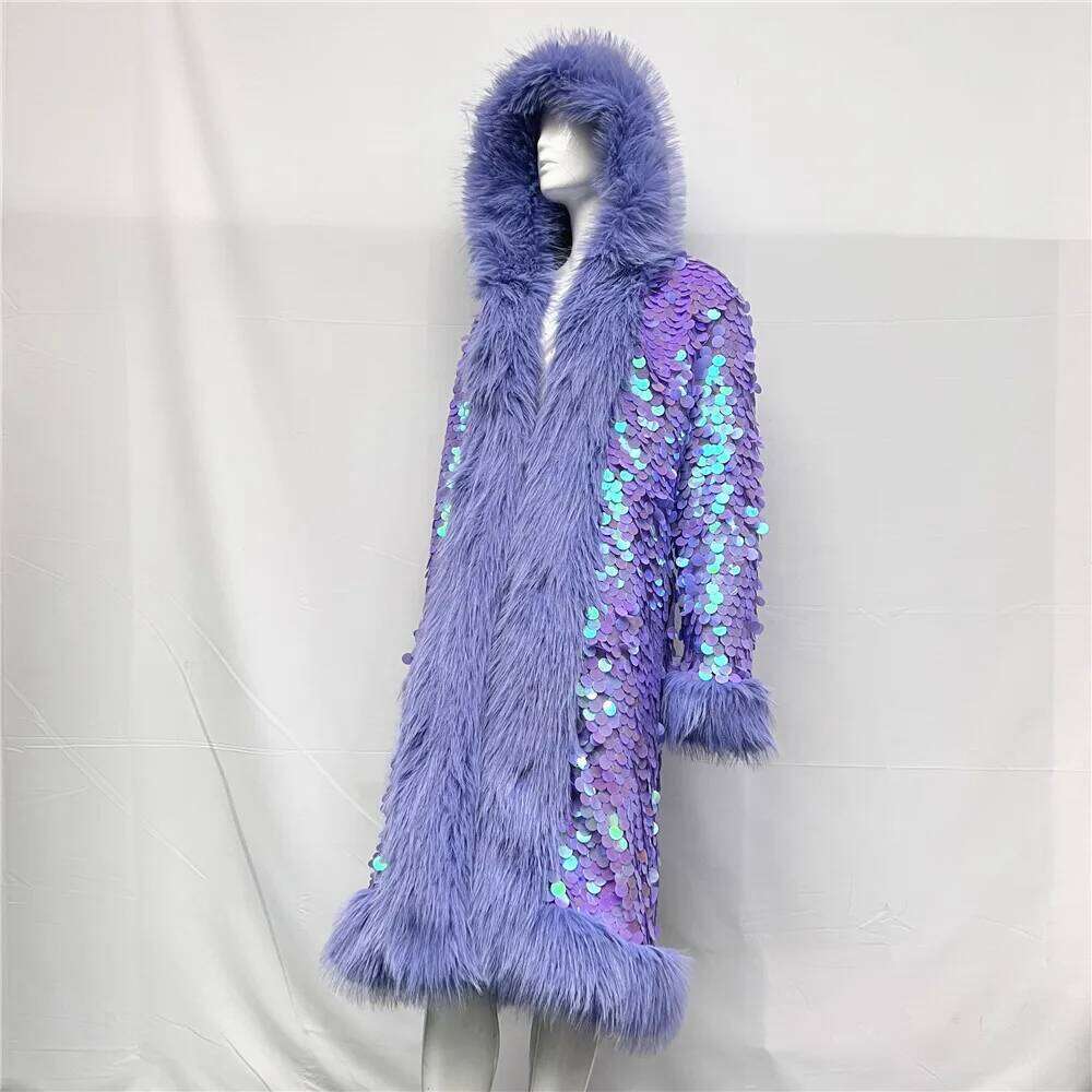 New Fashion Cute Women Colorful Faux Fox Fur Rainbow Sequined Hood Nightclub Long Coat Jacket Stage Party Costumes