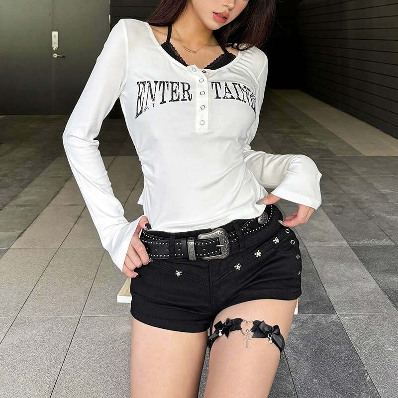 Women's Clothing 2024 Autumn Winter New Fashion Letter Print Long Sleeve Round Neck T-Shirt for Women 938