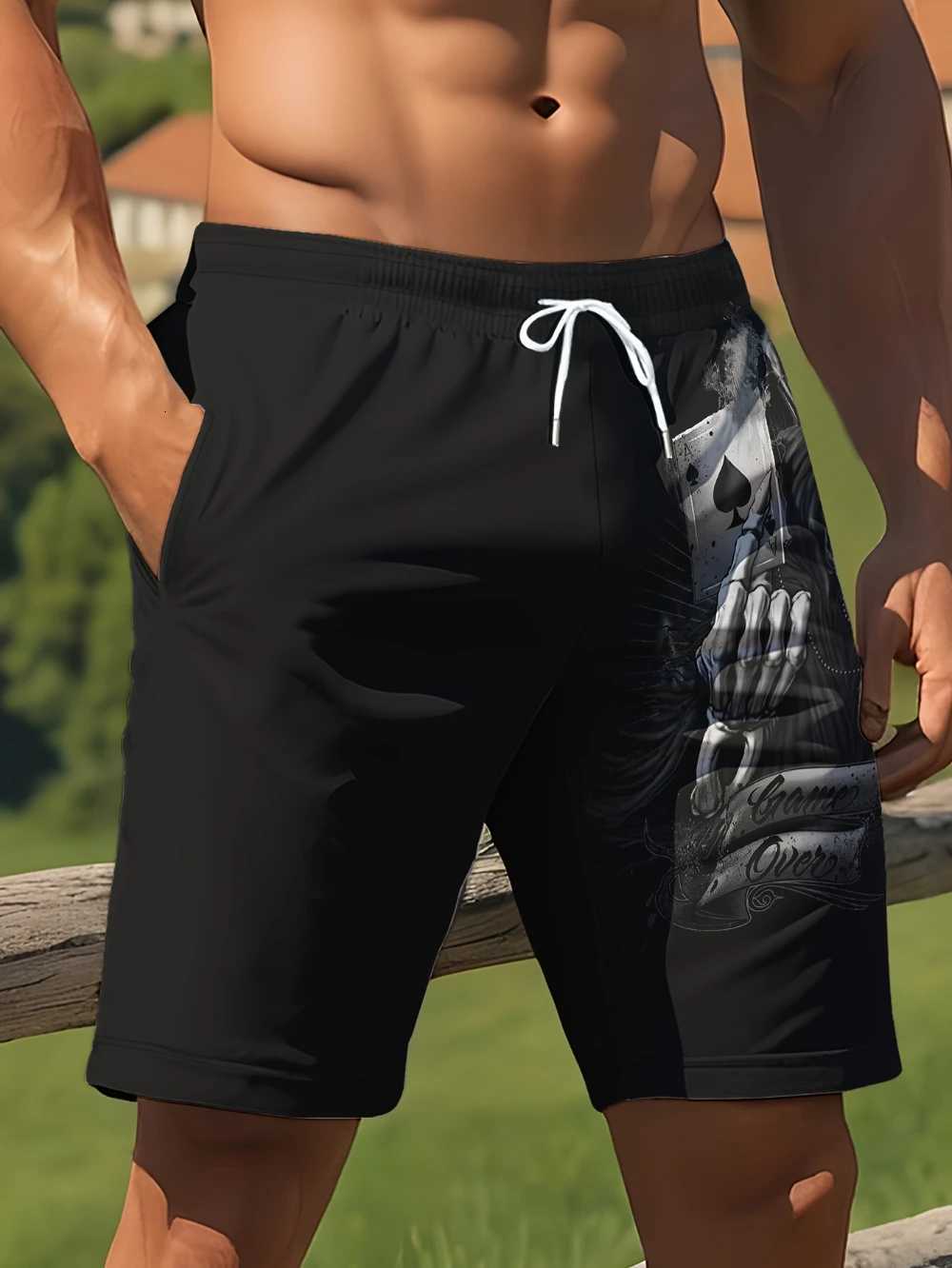 2025 Summer New Mens Skull Printed Casual Shorts Quick Drying and Breathable No Pleats Beachwear Outdoor Fitness Sports Wear W250724