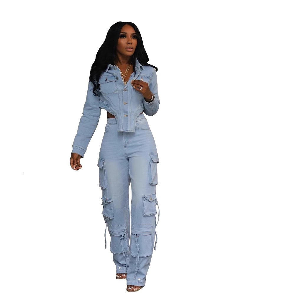 TS1318 new womens casual washed denim suit