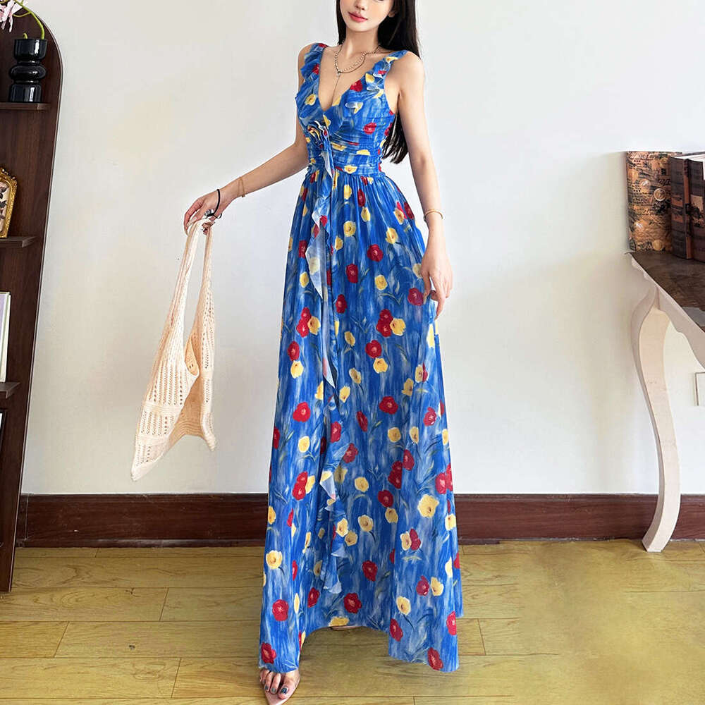2025 Summer New French Style Waist-Cinching V-Neck Slim Fit Three-Dimensional Floral Sleeveless Versatile Long Dress 7d5