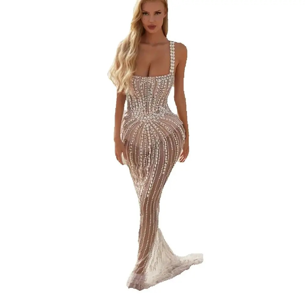 Luxurious Crystal Evening Dresses Customized Sexy Beaded Sleeveless Prom Dress Illusion Spaghetti Straps Party Gown
