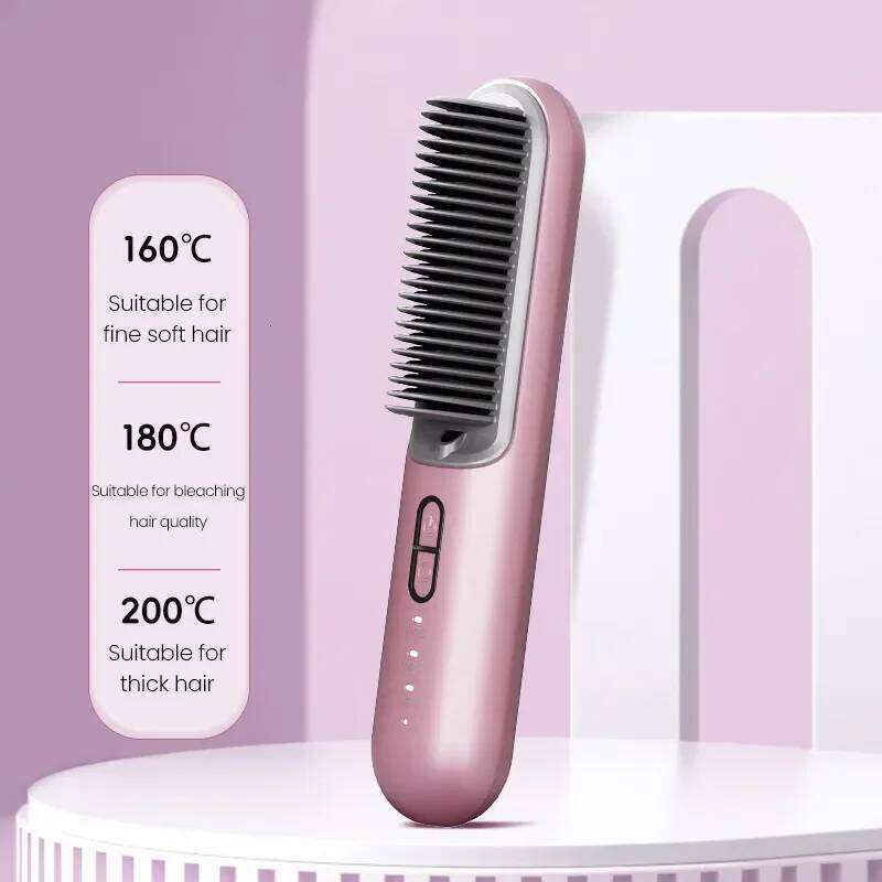 USB Rechargeable Wireless Hair Curler Straightener Brush Portable Anti-Scald Cordless Negative Ion Ceramic Hot Comb Styling Tool