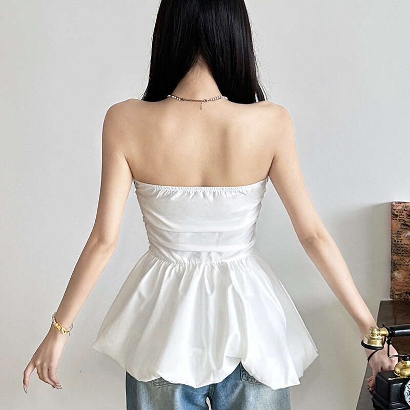 2025 Summer New Slim Fit Elegant Solid Color Sleeveless Backless Ruched Tube Versatile Women's Top c58
