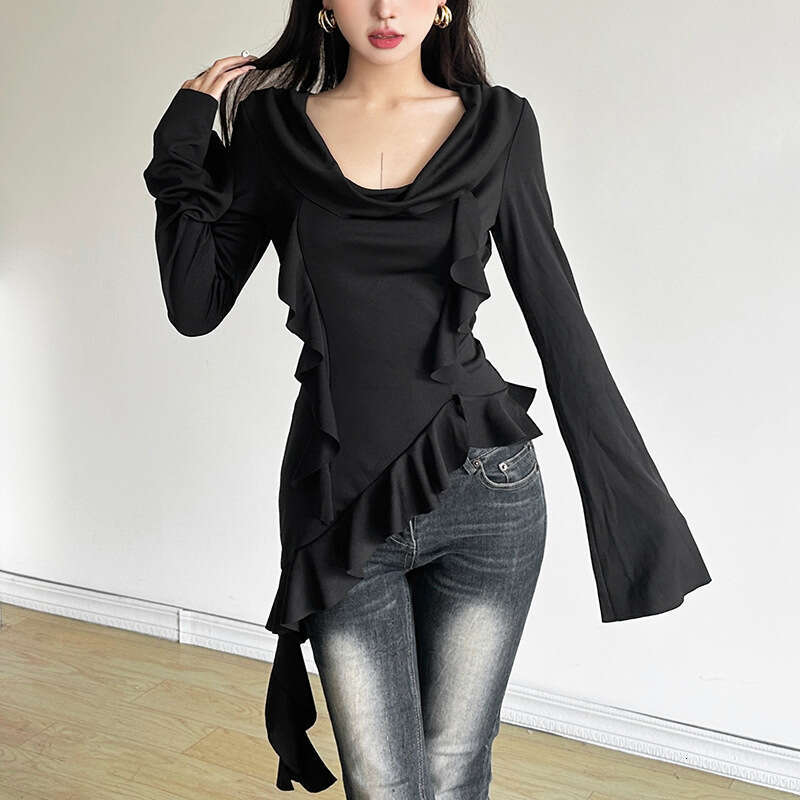INS2024 Autumn New Women's Solid Color Slim Street Fashion Square Neck Long Sleeve Top eb7