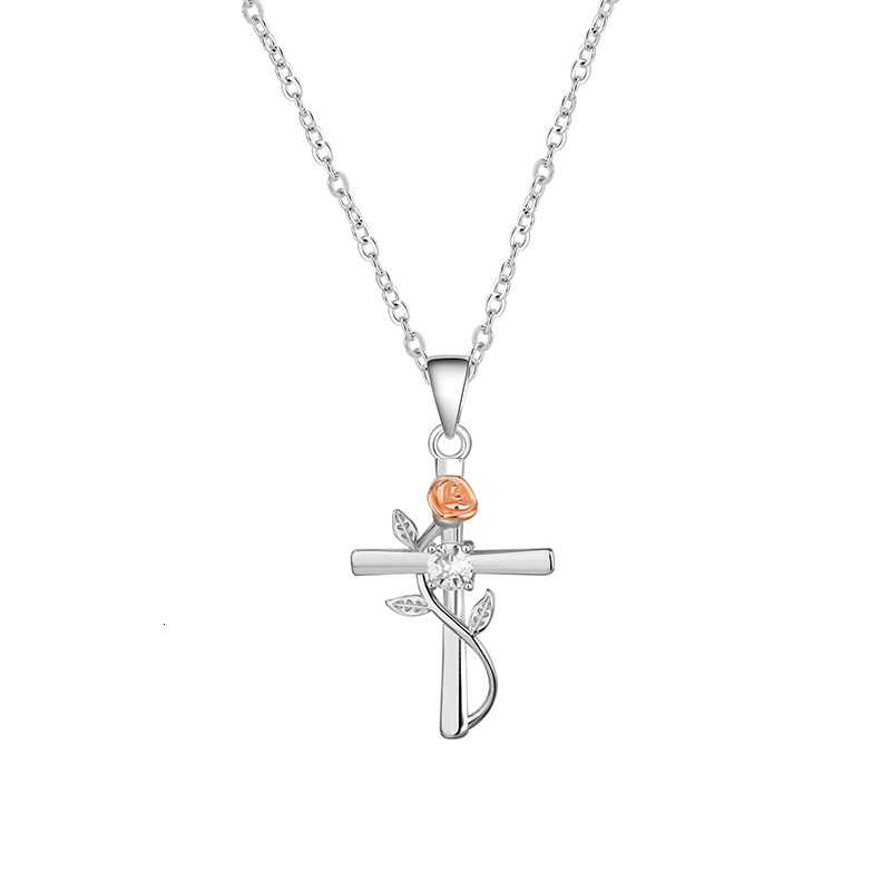 Sterling Sier Rose Flower Cross Necklace for Women Summer High-end Pendant Versatile Clavicle Chain Jewelry for Women
