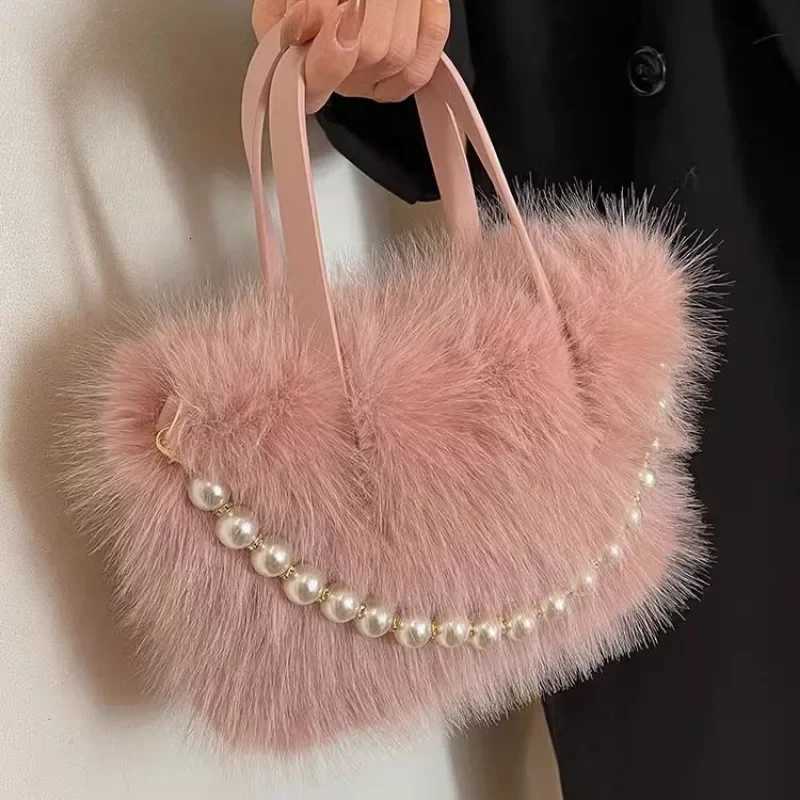 100% Faux Fur Crossbody Bags for Mens Gift Pearl Chain Decor Shoulder Bag Ladies Handbags Top-handle Bag Y250725