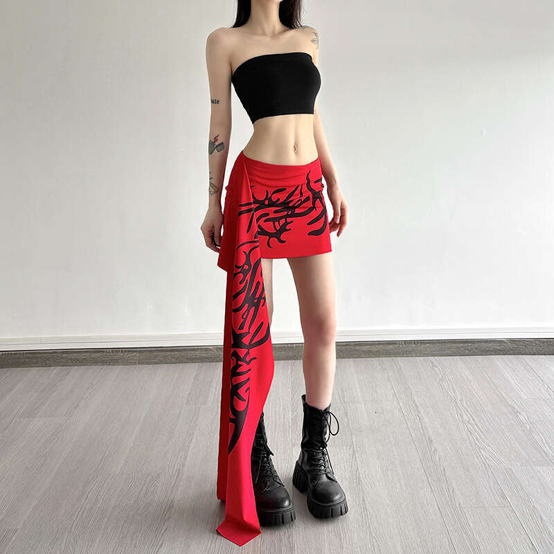 2025 Summer New Trendy Personality Red and Black Color Block Small Ribbon Versatile Bodycon Sexy Mini Skirt e83