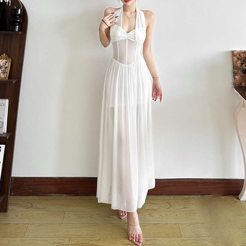 2025 Summer New Sexy Slim Halter Neck Sheer Mesh High Waist Slimming Pure Desire Dress for Women 689