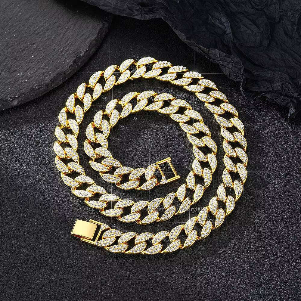Hip-hop Style Link Gold-plated Men's Cuban Chain Rhinestone Inlaid Alloy Necklace for Men