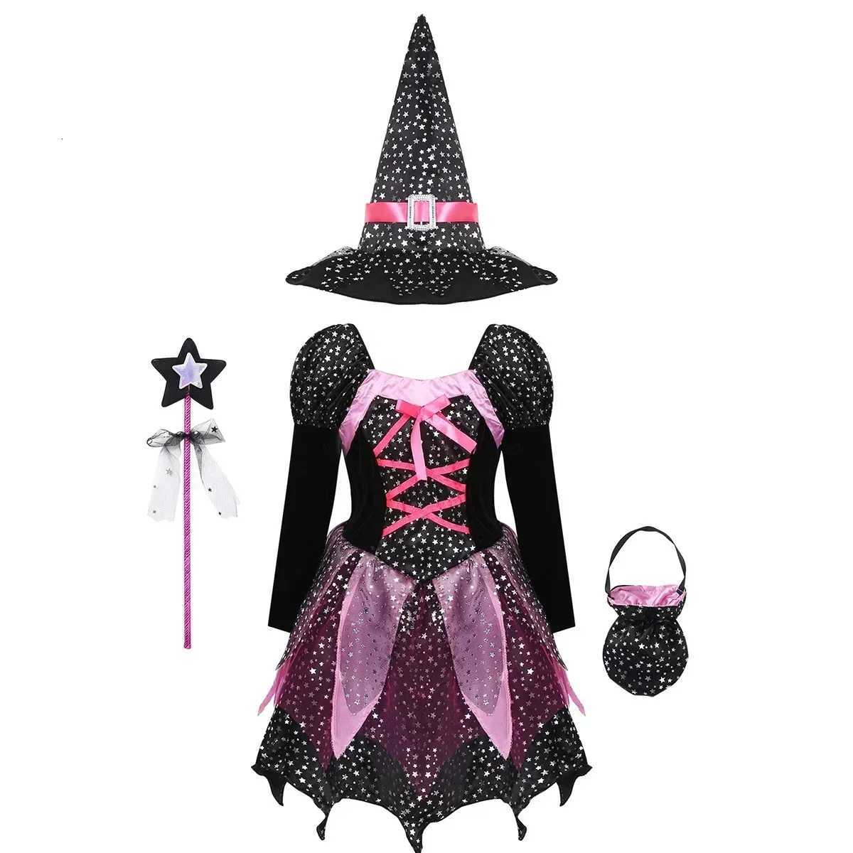 Girls Halloween Witch Costume Children Cosplay Vampire Princess Dress Up Led Clothes With Hat Bag Carnival Par Outfits Z250725