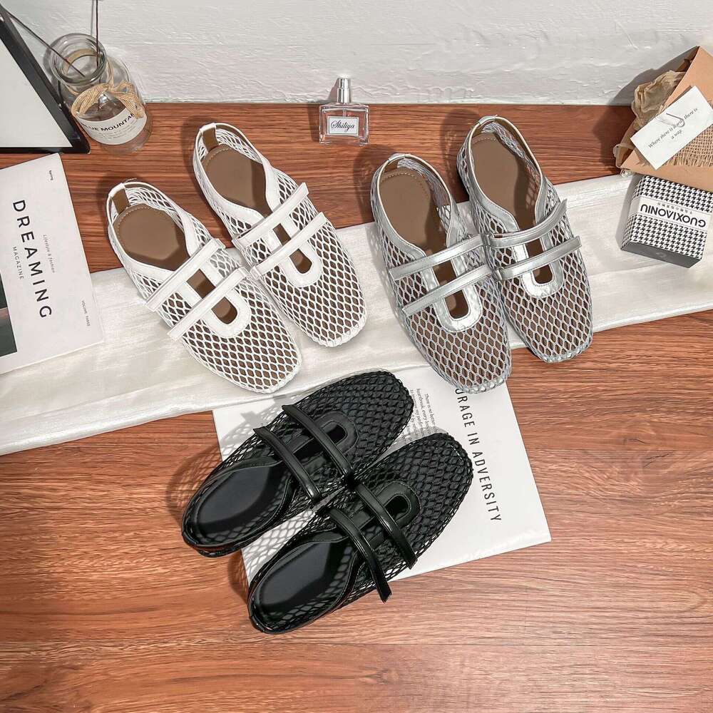 Designer Same Style French Breathable Hollow Fishnet Mesh Square Toe Versatile One-Strap Mary Jane Shoes for Women Spring Summer