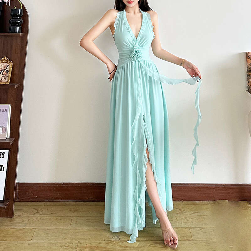 2025 Summer New Style Elegant Halter Neck Waist-Cinching Backless Fashion V-Neck Slit Dress for Women 202