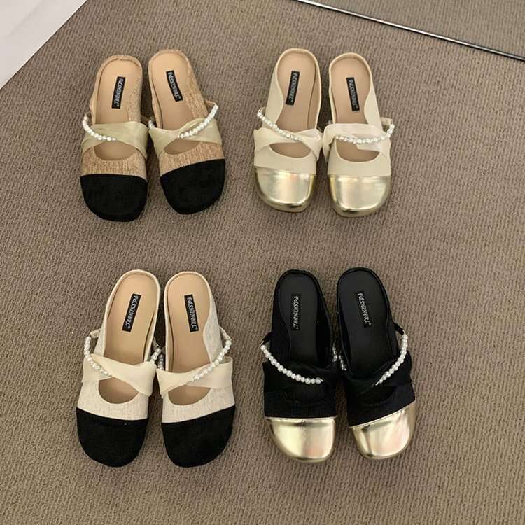 French Style Flat 2025 Pearl Pointed Toe Half Slippers Mary Jane Shoes for Women