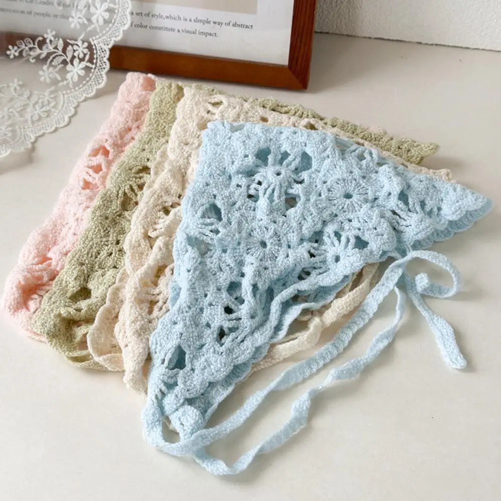French Style Triangle Scarf Hat Knitted Headscarf Hollow Headband Towel Girl Hair Bands For Summer Travel Po Hair Accessories 250723