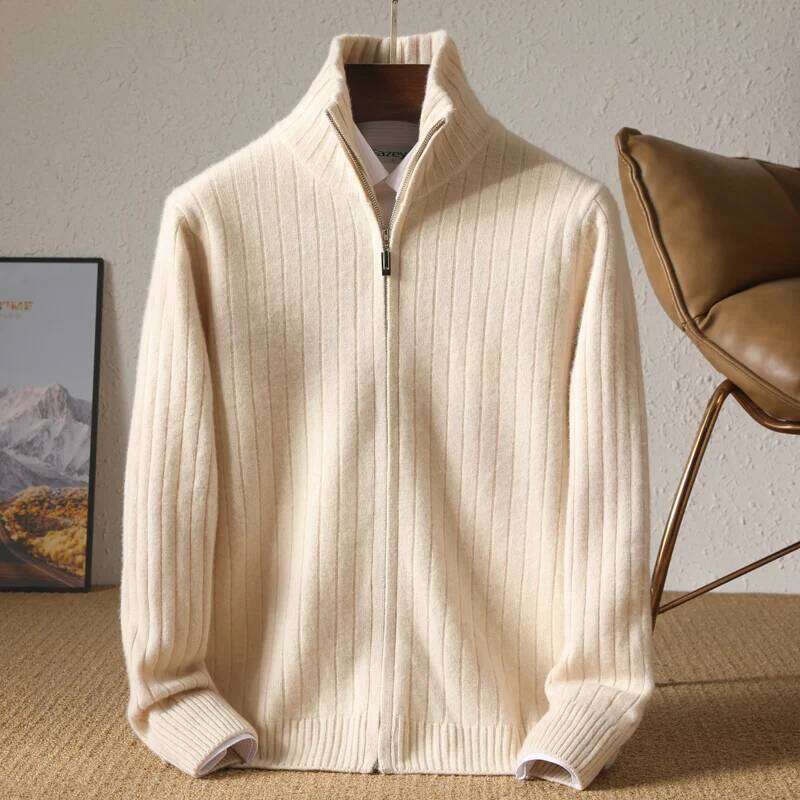100% Merino Wool Stand-Up Collar Cardigan Casual Knit Business Zipper Coat Autumn Winter Versatile Warm Men Cashmere Jacket