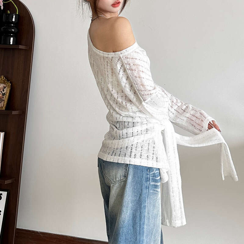 2024 Autumn New Women's Solid Color Loose Street Fashion Asymmetrical Neck Long Sleeve Backless Top 667