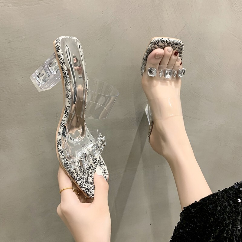 Ddmysports Transparent High Heels For Women Spring Summer New Trendy French Style Versatile Chunky Heel Crystal One Strap Sandals Outdoor Shoes