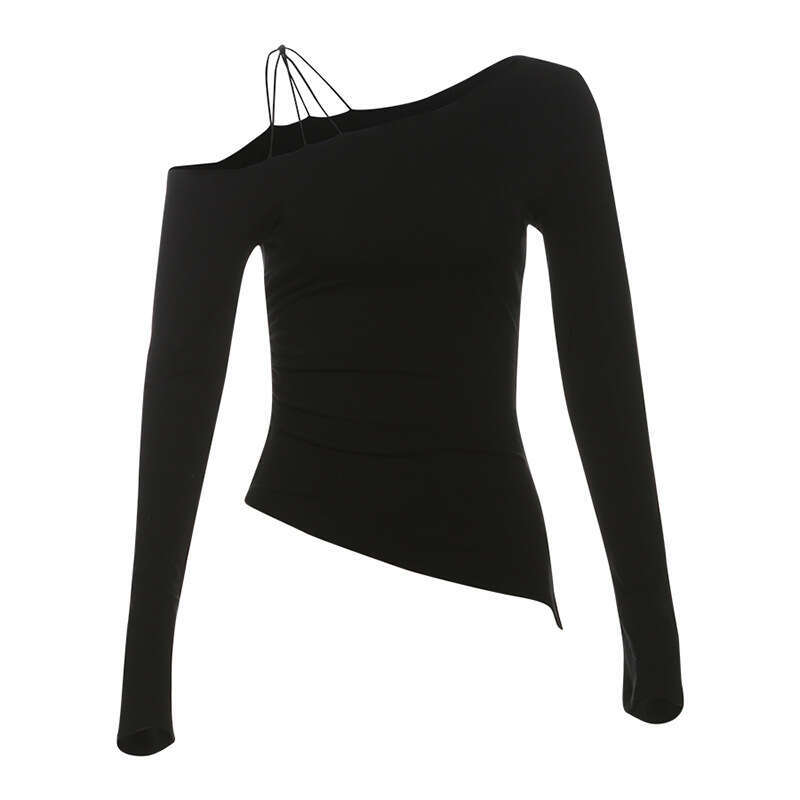 2024 Autumn New Women's Fashion Solid Color Slim Street Style Asymmetrical Neck Strap Long Sleeve Top 34a