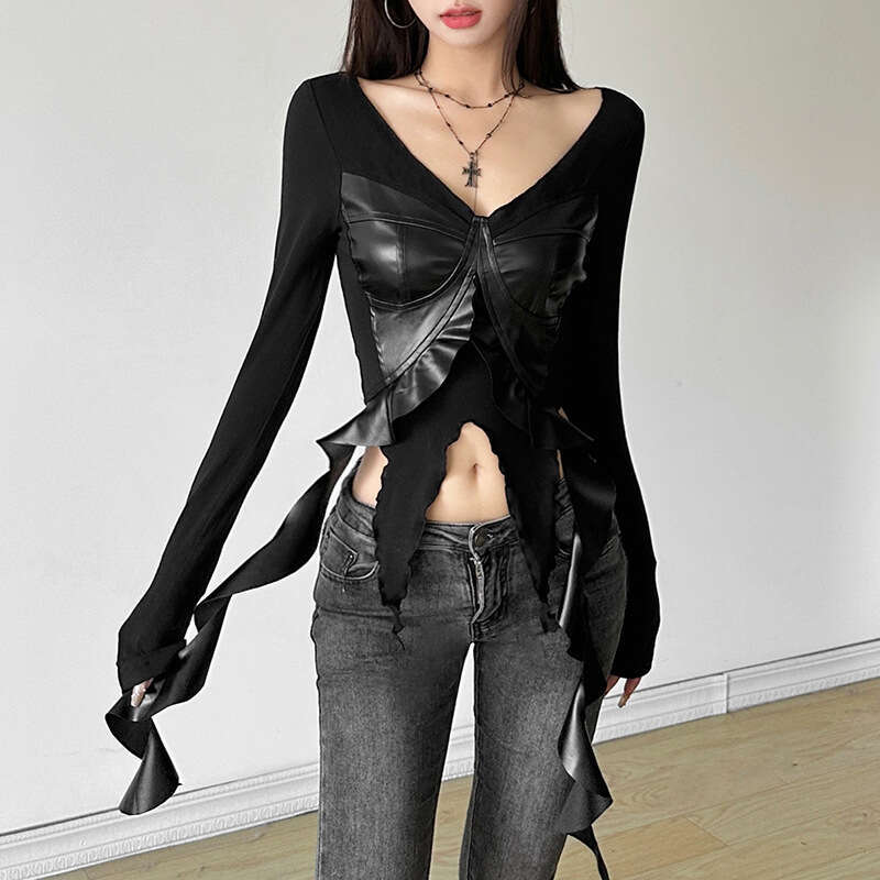 2024 Autumn New Women's Solid Color Slim Fit Crop Street Fashion V-neck Long Sleeve Top 323