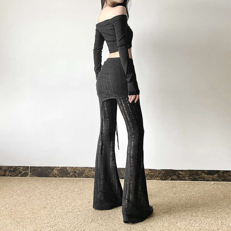 2024 Autumn New Women's Solid Color Slim Street Fashion High Waist Casual Ripped Flared Pants b19
