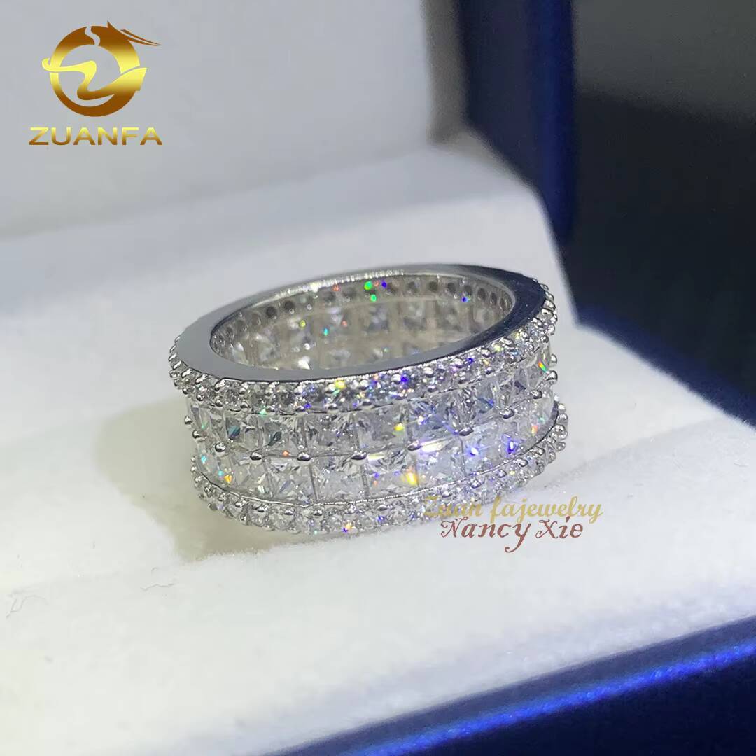 Fashion Jewelry Hip Hop Mens Cuban Gold Ring Iced Out 925 Sterling Silver 2 Rows VVS Princess Cut Moissanite Diamond Ring