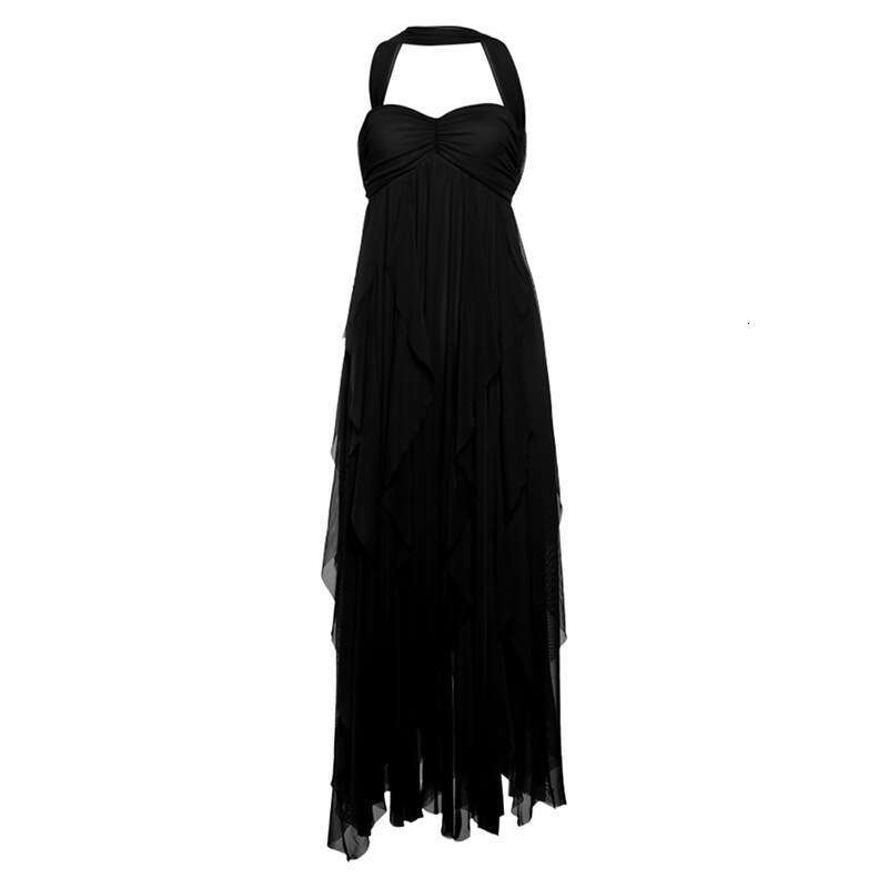 2025 French Style Halter Chiffon Sexy Strapless Backless Irregular Ruffle Long Dress 926
