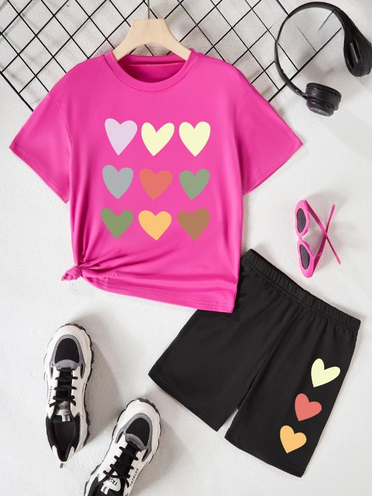 Summer Baby Girls Clothes Set Kid Sweet Heart Printed Tshirts and Shorts 2 Pieces Suit Children Short Sleeve Tracksuits 250725