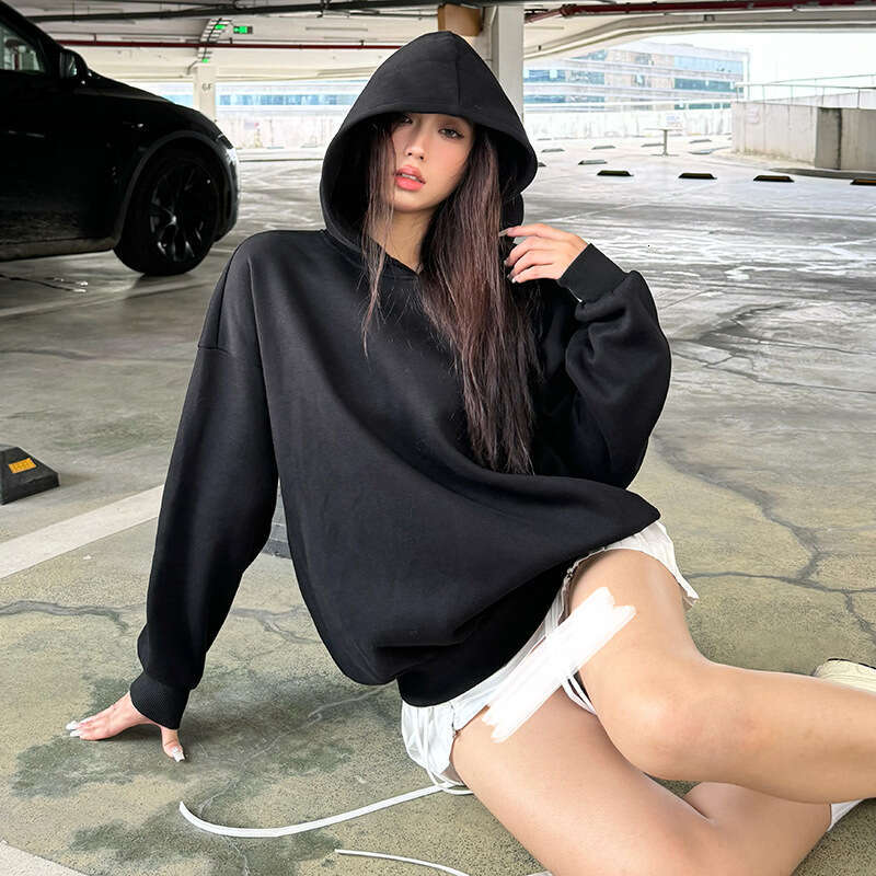 2024 Autumn New Women's Solid Color Loose Street Fashion Hooded Long Sleeve Mid-Length Sweatshirt 1bb