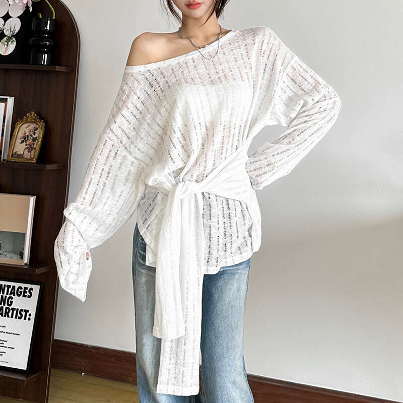 2024 Autumn New Women's Solid Color Loose Street Fashion Asymmetrical Neck Long Sleeve Backless Top 667