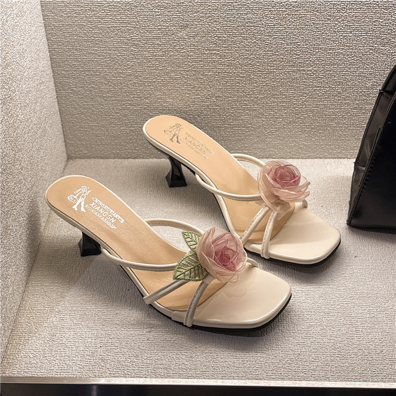 Ddmysports Summer New Floral Stiletto Heel Slippers Outdoor Open Toe One Strap Silver High Heels Gentle Women S Shoes Outdoor Shoes