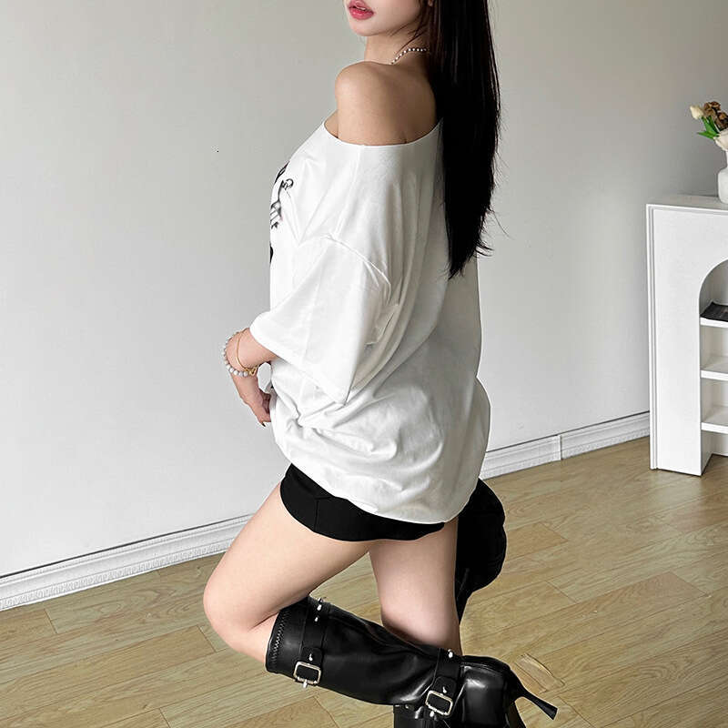 2024 Summer New Women's Solid Color Loose Street Fashion Asymmetrical Neck Short Sleeve Mid-Length Top 29b