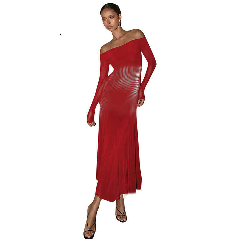 Qds465 Women's Autumn New Off-Shoulder Long Sleeve Printed High Waist Slim Fit Bodycon Mermaid Dress B5