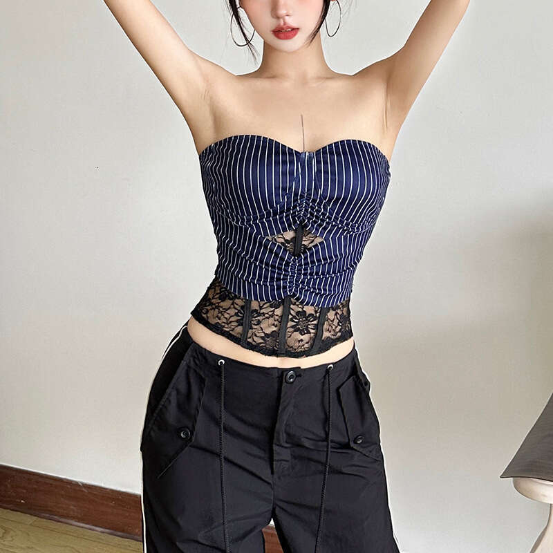 2025 New Summer Pure Desire Style Lace Patchwork Striped Strapless Slim Fit Sleeveless Tank Top for Women 415