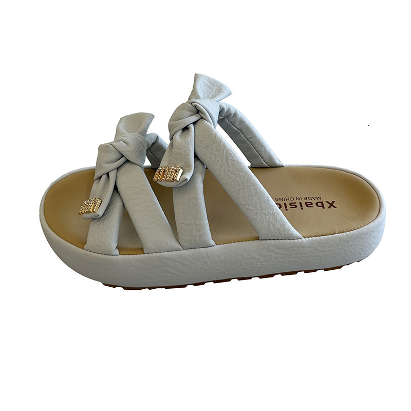 Ddmysports Summer New Bowknot Thick Sole Slippers Outdoor Open Toe One Strap Fashion Silver Mid Heel Sandals Outdoor Shoes