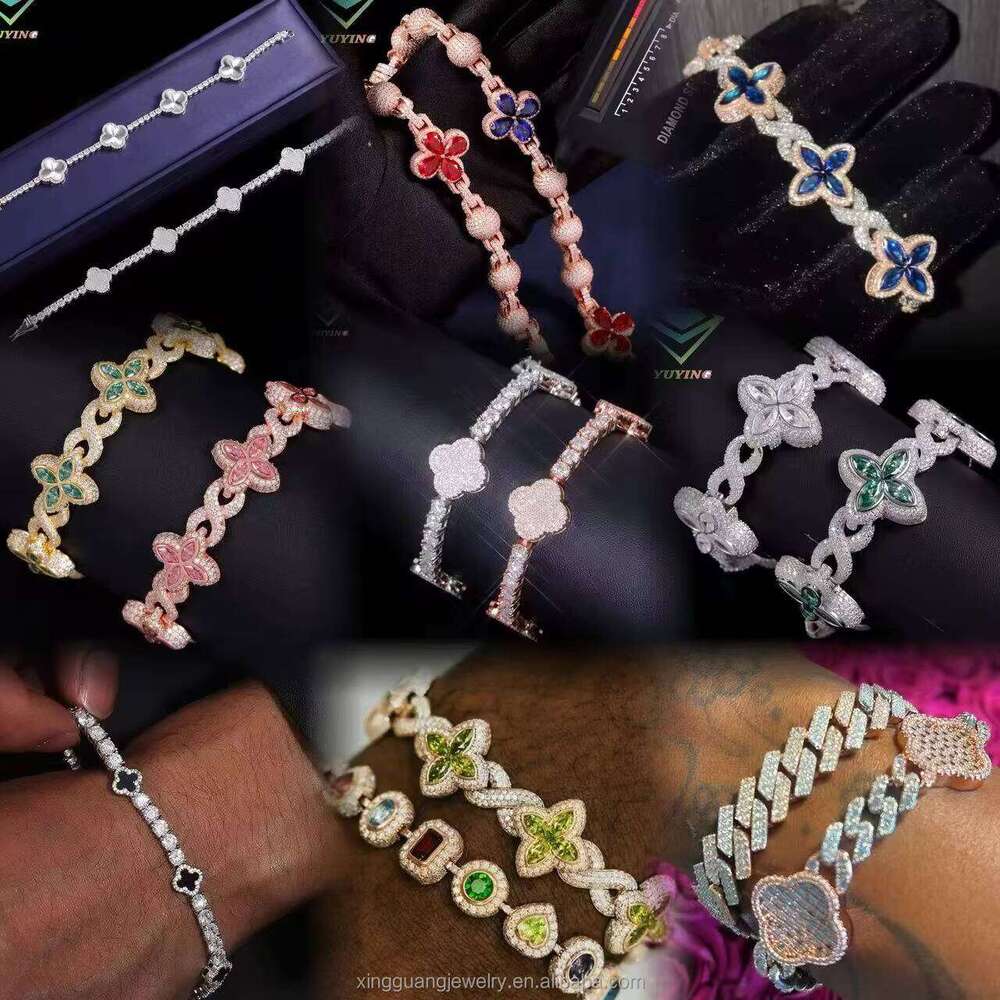 Hip Hop Jewelry Gold Plated Sterling Sier VVS Moissanite Clover Bracelet with GRA Certificate