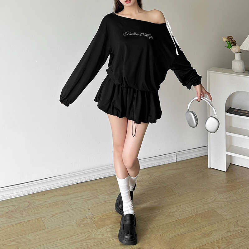 2024 Autumn New Women's Solid Color Loose Street Fashion Asymmetrical Neck Rhinestone Long Sleeve Dress ff9