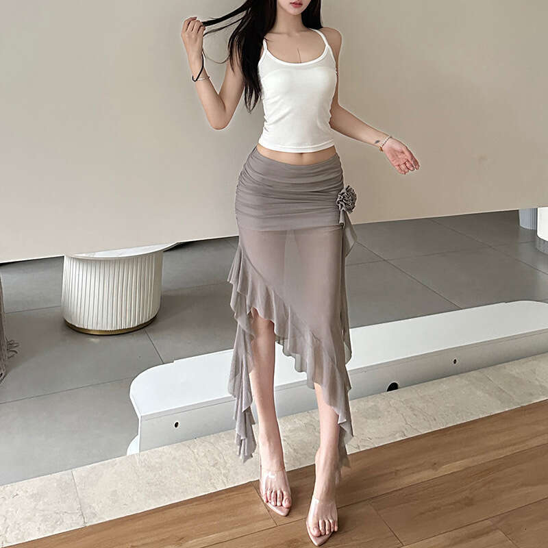 2024 Summer New Women's Solid Color Slim Fit Street Fashion High Waist Sheer Mesh Skirt 89c